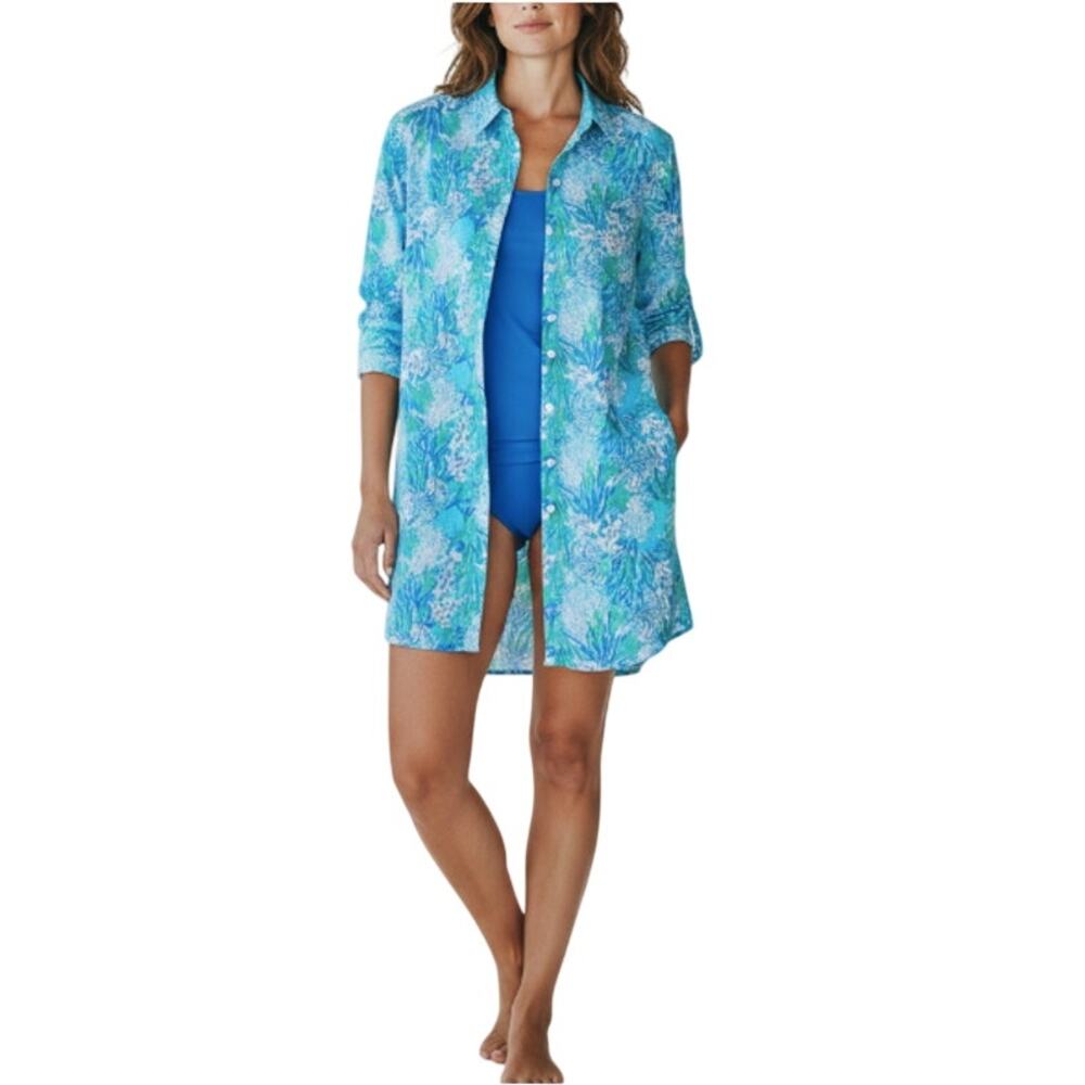 LILLY PULITZER Lagoon Linen Cover-Up Shirt Dress Sz S Oversize Coastal Resort